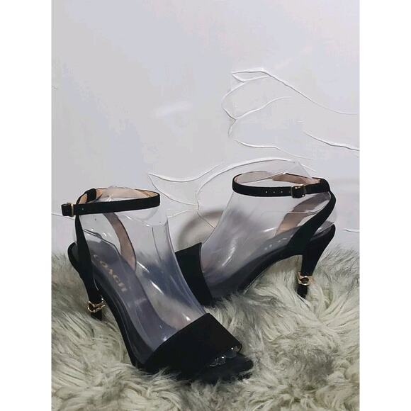Coach Sz 7.5 Black Suede Open Toe Ankle Strap Gold Logo Accents Stilletto Heels - Picture 1 of 16